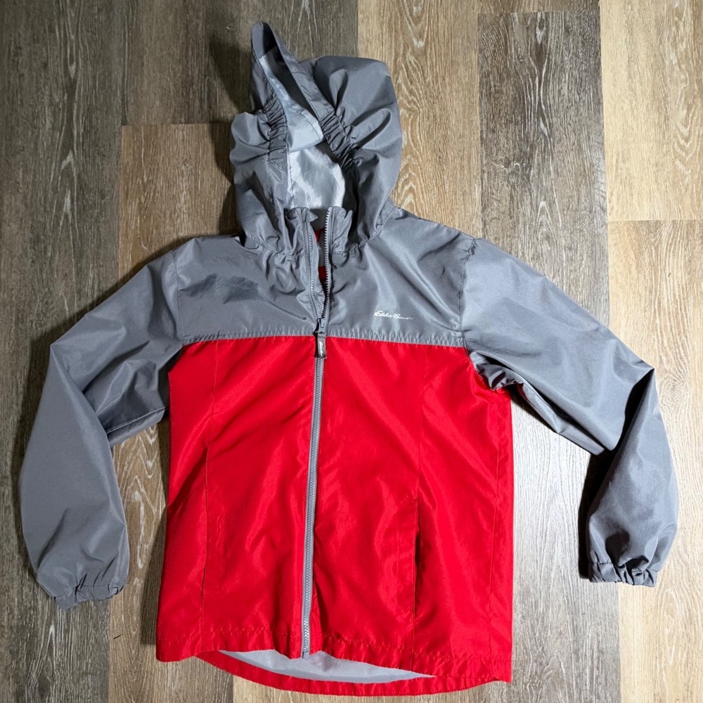 Eddie Bauer Windbreaker Jacket Kids L 14/16 Red Gray Hooded Full Zip Colorblock